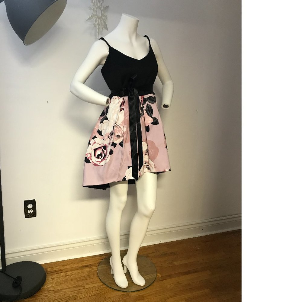 NWT LE CHÂTEAU PLUS SIZE Floral Fit Flare High Low Asymmetrical Pink Black Dress